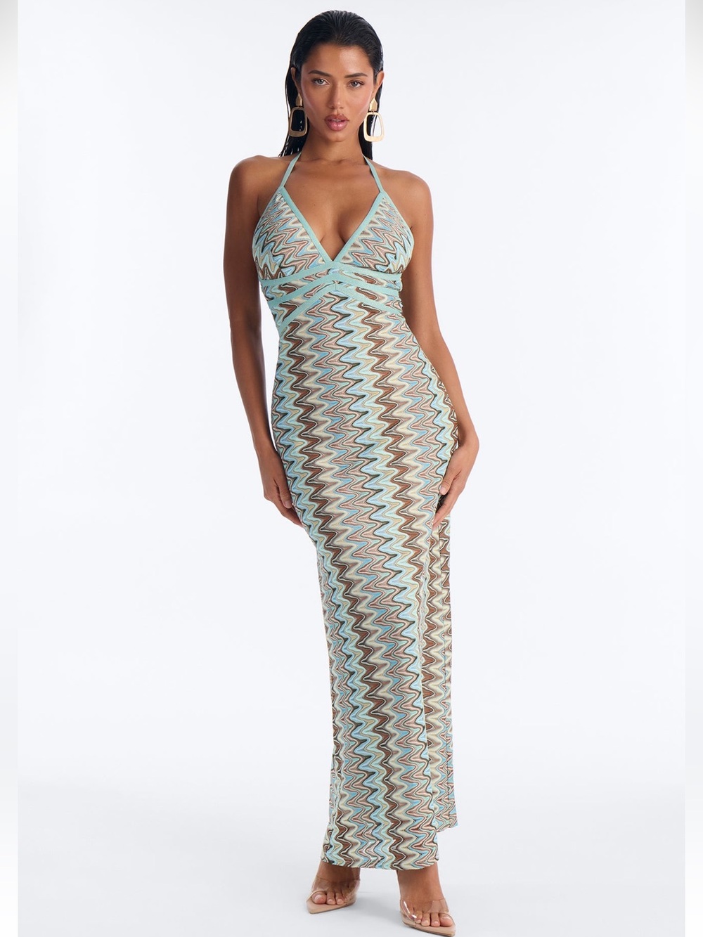 Fashion Nova Aqua & Brown metallic Zigzag Halter Maxi Dress